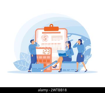 People and clipboard with financial document, calculator and pen. Accounting, business plan, consulting, tax audit, financial management concepts. fla Stock Vector
