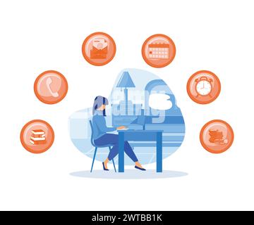 Multitasking Work concept. Happy business woman with multitasking skills sitting at his laptop with office icons on a background. Freelance worker. fl Stock Vector