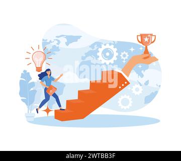 Success Business concept. Inspiration for success. a businesswoman going up the stairs with a hand holding a trophy. flat vector modern illustration Stock Vector