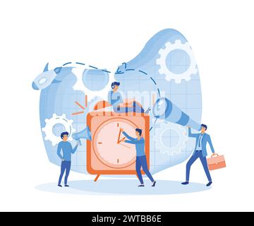 Time management concept. Alarm clock rings on of work time management, quick reaction awakening. flat vector modern illustration Stock Vector
