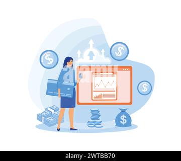Man manages personal finances in personal account, makes transactions, analyzes bank data. flat vector modern illustration Stock Vector