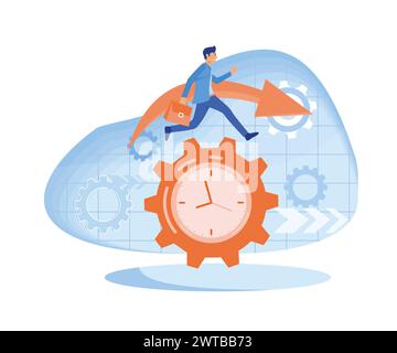 Time management, control. Businessman run along gear in form of clock. Organization of process. flat vector modern illustration Stock Vector