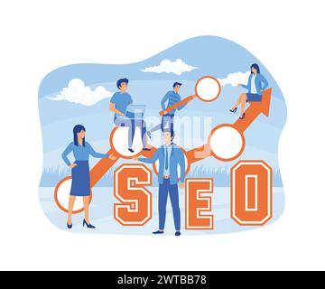 Search Engine Optimization concept. People holding magnifying glass, mouse pointer or using laptop sit on analyzing graph on the word SEO. flat vector Stock Vector