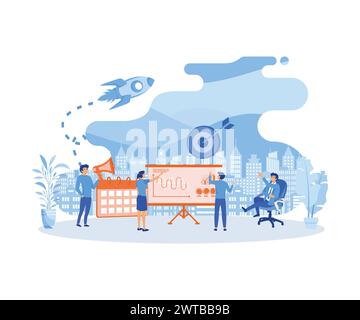 People work together making a plan on a board, mark tasks, track execution of tasks. Business planning, management, organization, success strategy. fl Stock Vector