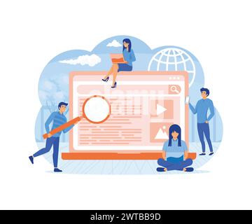 Search engine answering users questions. People using laptops and phones for online query. flat vector modern illustration Stock Vector