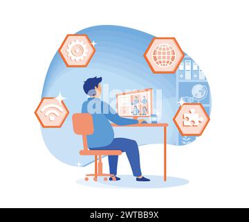 Video conference. People group on computer screen taking with colleague. Video conferencing and online communication. flat vector modern illustration Stock Vector