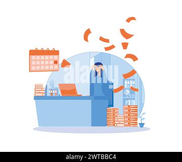 Overworked businesswoman. Asleep depressed tired hard work female manager sitting office desk in big pile of documents. flat vector modern illustratio Stock Vector