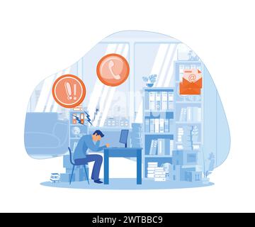 Stress in Office concept. Tired and exasperated office worker is grabbed his head among piles of papers and documents. flat vector modern illustration Stock Vector