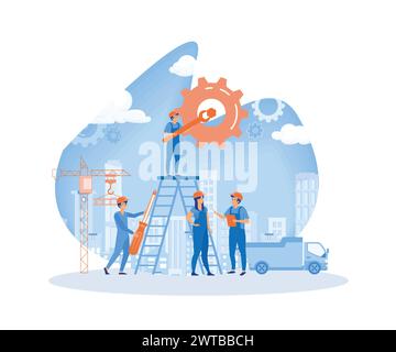 Workers couple rotating cogwheels teamwork process concept man woman in overalls repairing mechanism. flat vector modern illustration Stock Vector