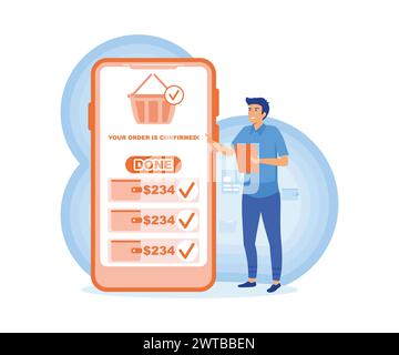 Order concept confirmed. Happy young man gets Confirmation of online order on smart phone. flat vector modern illustration Stock Vector