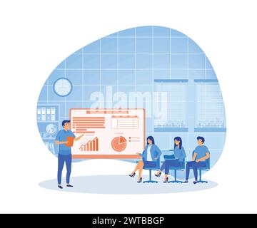 Business seminar man speaker doing presentation and professional training about marketing, sales and e-commerce. flat vector modern illustration Stock Vector