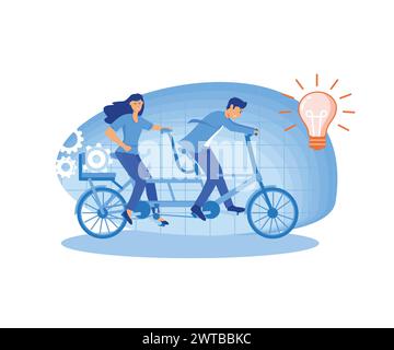 Creative Idea Teamwork Concept. Business Team Riding Tandem Bicycle. Businessman and Businesswoman Characters on Bike. Cooperation Leadership Metaphor Stock Vector