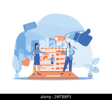 Blog Creation, Starting Personal Lifestyle Vlog, Live Video Streaming Channel Launch Concept. Women Creating Webpage, Pasting Banner at Site. flat vec Stock Vector