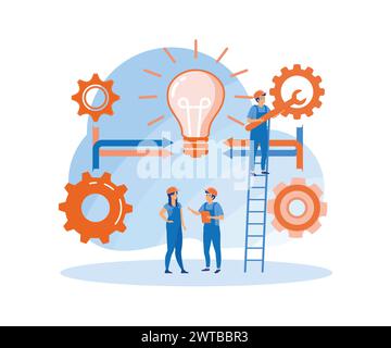 Group of young business people collaborating, solving problems, thinking about creative idea, brainstorming and teamwork concept. flat vector modern i Stock Vector