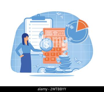 Calculation, bookkeeping investment money concept, Woman with calculator counting, thinking about profit. Economic audit, financial analysis, tax acco Stock Vector