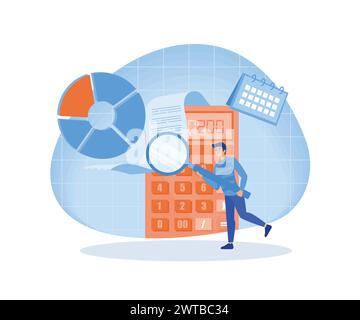 Man looking through magnifying glass at bill, check or invoice. Concept of accounting and auditing service for business, budget planning, revenue calc Stock Vector