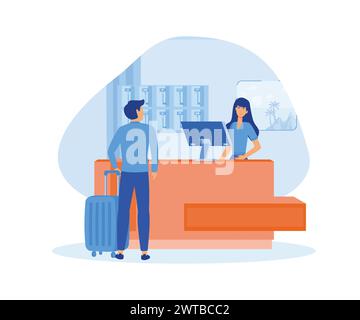 Male customer standing at reception desk and talking to female receptionist. Scene of visit to service center. flat vector modern illustration Stock Vector