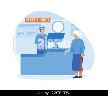 Hospital receptionist giving old woman information, checking in for appointment. Senior lady visiting medical clinic office, worker providing support Stock Vector