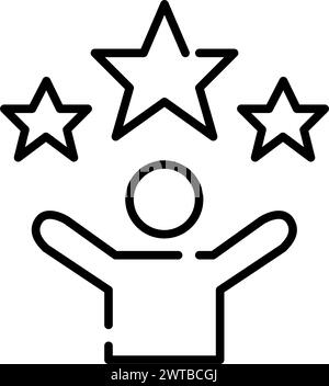 Person with arms raised in triumph, stars, representing victorious career journey. Pixel perfect vector icon Stock Vector