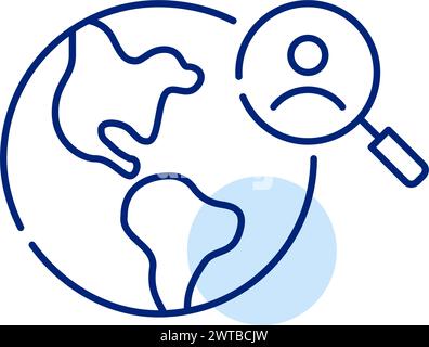 Earth globe, magnifying glass and user icon, exploration of user-related data on global scale. Pixel perfect vector Stock Vector