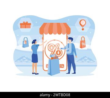Internet digital store scene with woman on shopping. fast online delivery service. Hands holding a package box with groceries out of mobile screen. fl Stock Vector
