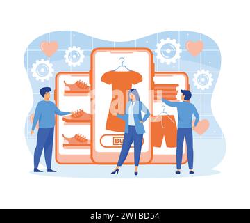 Mobile shopping concept. A men and a woman buy things in the online store. Shopping on social networks through phone. flat vector modern illustration Stock Vector