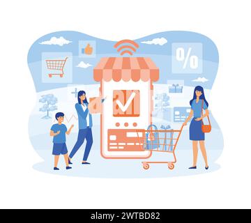Happy family doing grocery shopping online with a mobile app on their smartphone, the woman is holding a shopping cart with products and the woman is Stock Vector