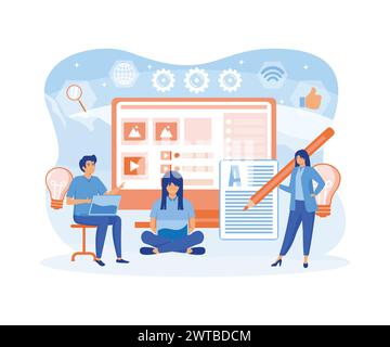 Freelancer, blogger, content creator, copy writer with characters using device. Can use for banner, landing page, web design template. flat vector mod Stock Vector