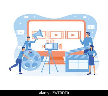 Business Concept Motion Design Studio. Teamwork of Clerks, Designer, Editor, Director on individual ontent. Businessmen Create and promote their own T Stock Vector