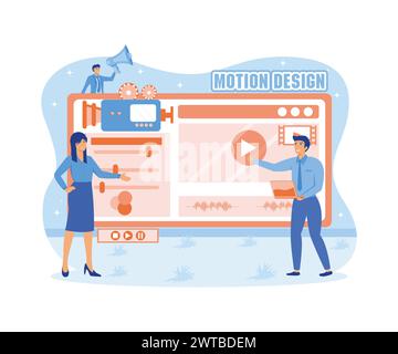 Male and female characters designers, animators, storytellers creating motion graphic content. Motion graphic studio concept for web banner website pa Stock Vector