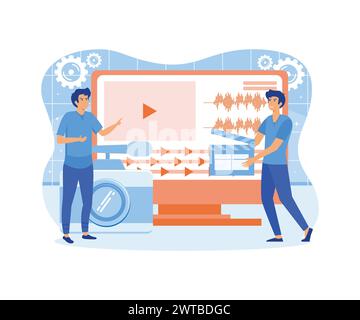 Video editor. Persons concept with camera work and footage editing. Multimedia content production for online video blog channel. Meeting hot news publ Stock Vector