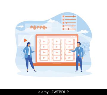 Video editor. Tiny people footage editing and making multimedia content production. Video maker online course. Studio filmmaking. flat vector modern i Stock Vector