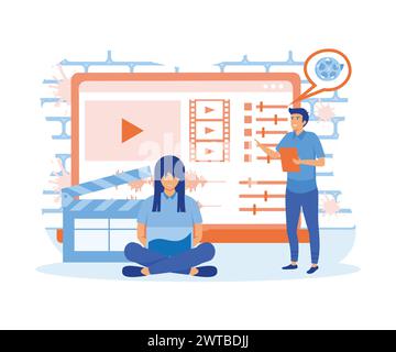 Video editor studio. Video maker online course. Tiny people footage editing and making multimedia content production in laptop app. flat vector modern Stock Vector