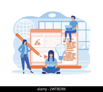 Blog authors writing articles. Freelance writers with laptops creating internet content. For online education, people of creative job. flat vector mod Stock Vector