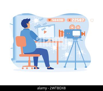 Man video blogger with copy space. Streamer, vlogger concept. flat vector modern illustration Stock Vector