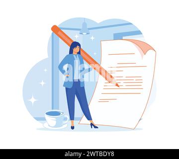 Content writer, blogger, bullet journalist or publishing editor concept, young smart woman freelance holding big pencil thinking and writing content o Stock Vector