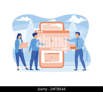 Video marketing online Casual businesspeople working with viral content, smartphone in background with movie player. flat vector modern illustration Stock Vector