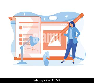 Content writer, article or newspaper creation, bullet journalist, publishing editor, news update, work business and marketing concepts. flat vector mo Stock Vector