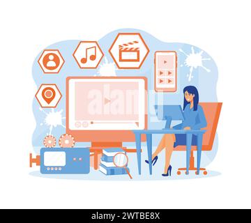 Video marketing by vlogger creation film production and online content. Motion graphic education. flat vector modern illustration Stock Vector