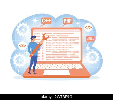 Web development. programming languages. programmer cartoon character developing website, coding. flat vector modern illustration Stock Vector