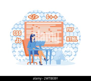 Programming and engineering development. Girl programmer or developer create code programming language. flat vector modern illustration Stock Vector