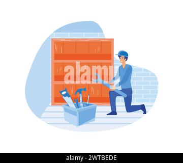 Home renovation with plumber contractor worker doing indoor maintenance. flat vector modern illustration Stock Vector