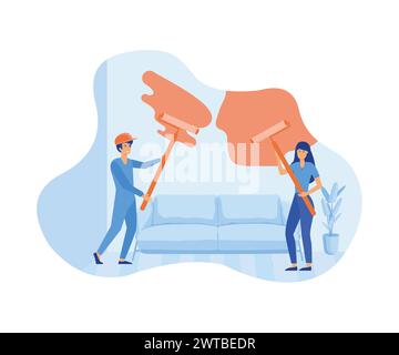 Home renovation and repair concept. Young couple man and woman standing back painting walls in new apartment yellow. flat vector modern illustration Stock Vector