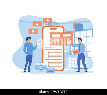 Business development concept. Business Mobile app development and design process with business team work. flat vector modern illustration Stock Vector