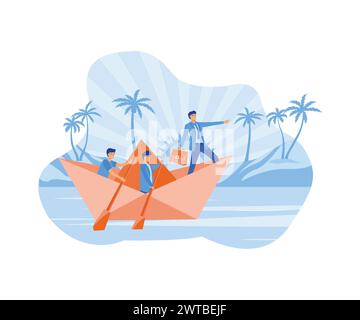 Leadership Concept. Businessman leader with binoculars lead business team sailing origami ship. flat vector modern illustration Stock Vector