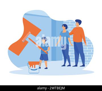 Home repair services, professional workers. Family, child painting wall with roller. Husband and wife glue wallpaper. flat vector modern illustration Stock Vector