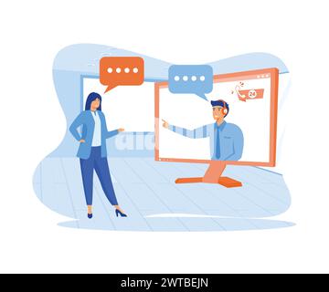Girl in headphones communicates with client. Technical support for customers, telephone hotline for business. flat vector modern illustration Stock Vector