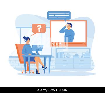 Hotline operator concept. Female hotline operator advises client, Customer service, Customer and operator. flat vector modern illustration Stock Vector