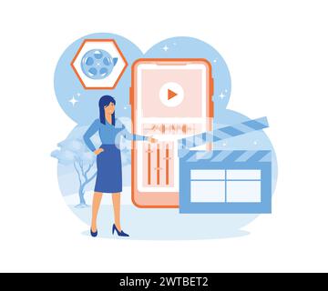 Video editor studio. Video maker online course. Tiny woman footage editing and making multimedia content production in smartphone app. flat vector mod Stock Vector