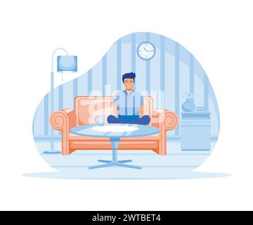 A freelancer man works behind a laptop. Home office workplace. flat vector modern illustration Stock Vector